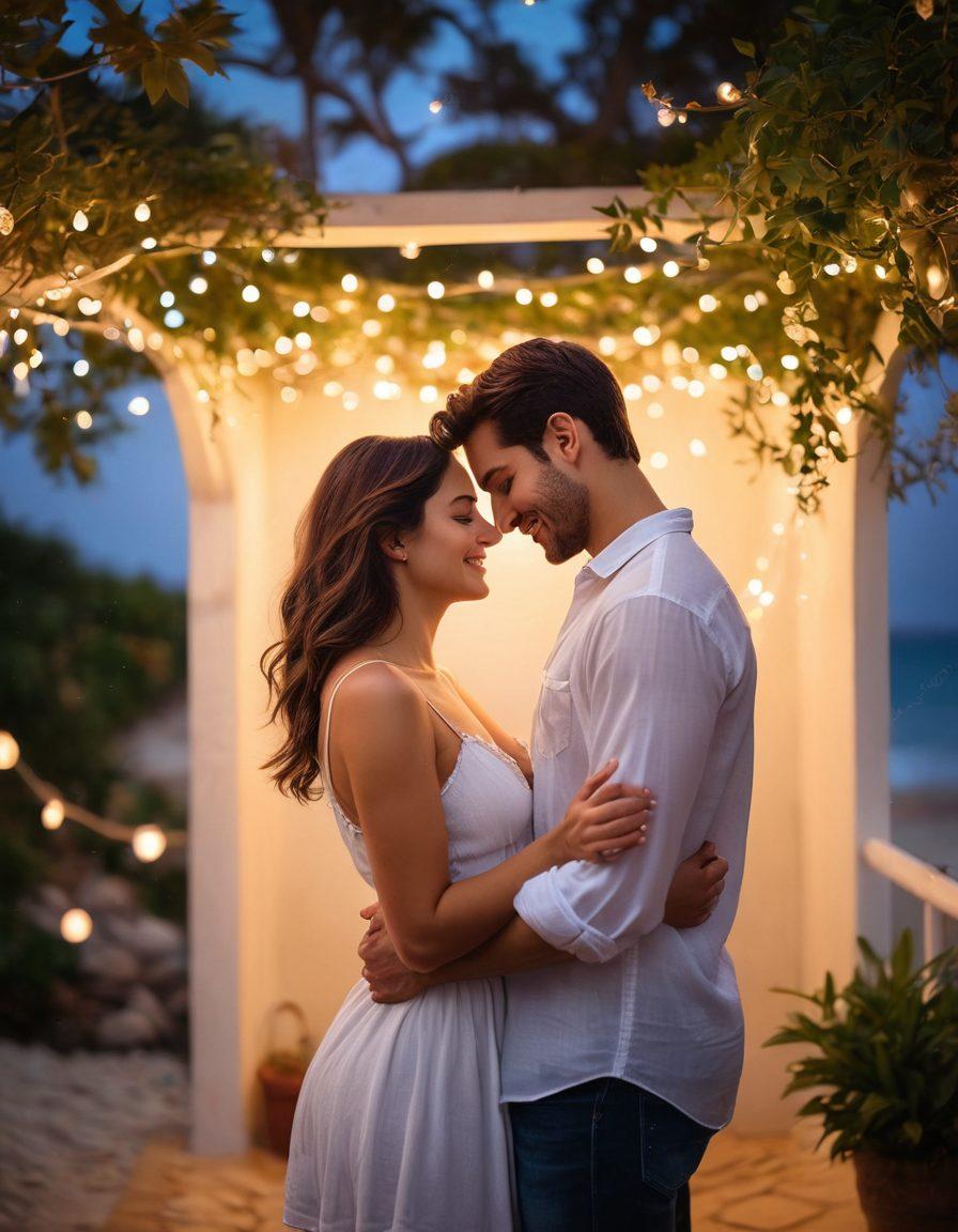 A warm and cozy scene of a couple sharing a gentle embrace under a starry sky, surrounded by soft glowing fairy lights. Their expressions radiate love and tenderness, with subtle hints of laughter. A blurred background of a romantic outdoor setting, like a lush garden or a calming beach, enhances the feeling of intimacy. Include symbols of love like heart shapes subtly integrated into the ambiance. soft focus. vibrant colors. painting.