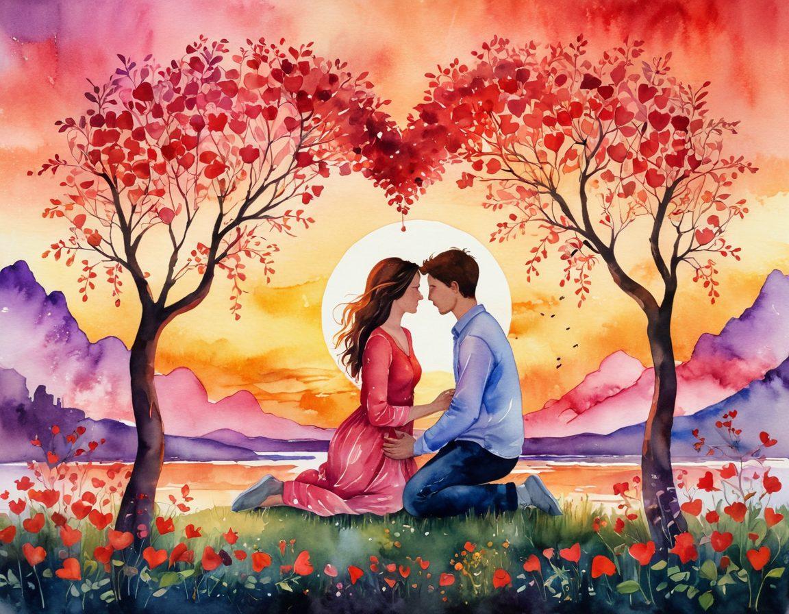 A warm, inviting scene depicting two people joyfully connecting, surrounded by symbols of love like hearts and intertwined vines. The background showcases a vibrant sunset, symbolizing warmth and passion, while soft hues of red, orange, and pink create an atmosphere of intimacy. Include elements that signify understanding, like books or shared experiences, scattered around. Whimsical touch with subtle glow effects to enhance emotional depth. watercolor painting. warm colors. serene background.