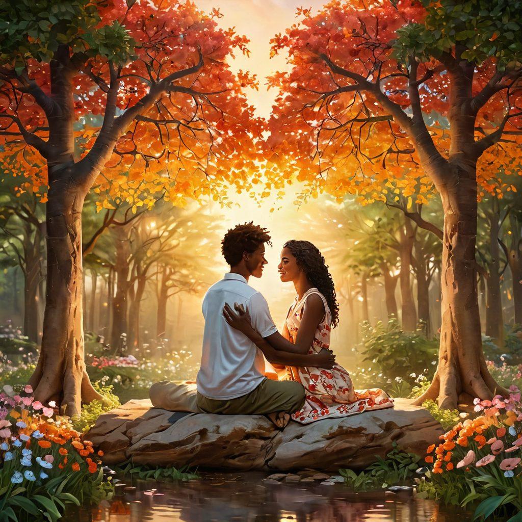 A warm and inviting scene depicting two diverse individuals sitting together, sharing heartfelt emotions, surrounded by a soft glow that symbolizes unity and trust. Gentle hands reach out to each other, with vibrant heart-shaped symbols floating around, representing emotional support. A lush, serene background filled with trees and bright flowers enhances the feeling of connection. super-realistic. warm tones. soft lighting.